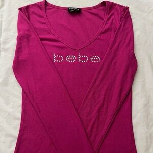 Bebe Pink Fitted Embellished Long Sleeve Tee
